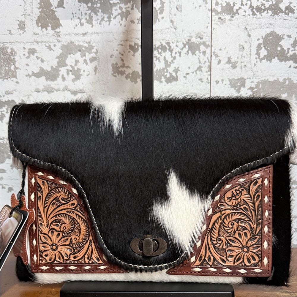 Black & White Haircalf Leather Crossbody Bag with Tooled Leather Accents